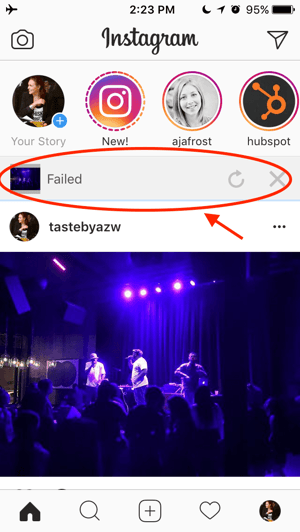 Error showing if your Instagram Story failed to upload
