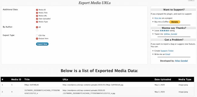User exported media URLs with ID, titel, date uploaded, and media type via Export Media URLs