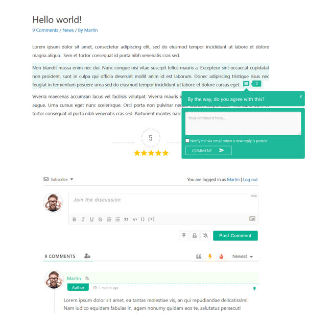 User leaving in-line text comment via wpDiscuz plugin