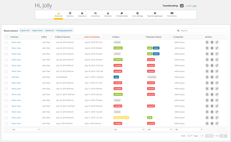 Gebruiker bekijkt afspraken in dashboard via Team Booking plugin