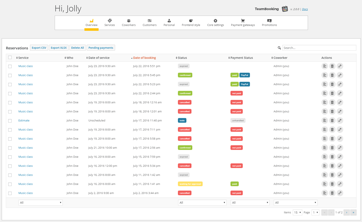 User looking at appointments in dashboard via Team Booking plugin