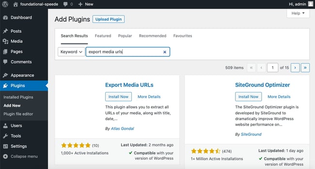 User searching for and installing Export Media URLs plugin in dashboard