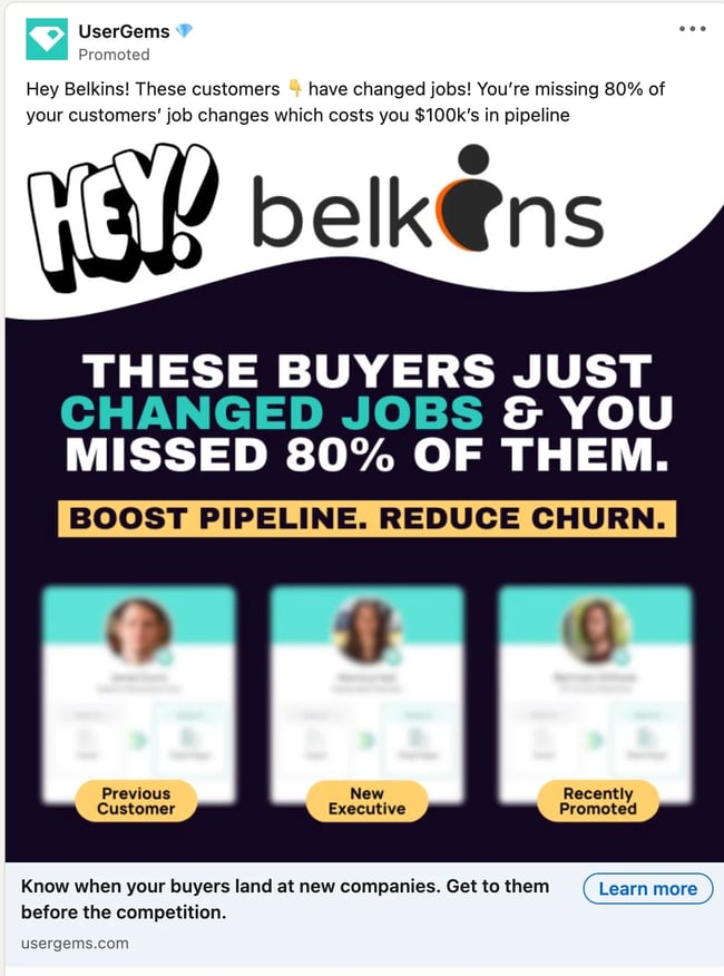 Usergems showing a dynamic advertisement to Belkins employees