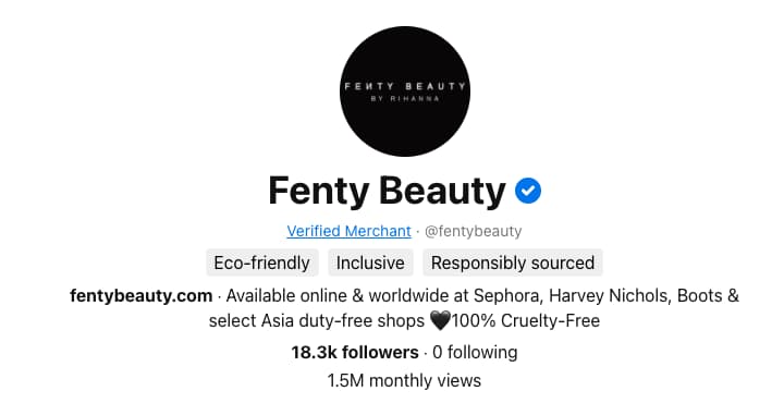 كيفية الحصول على متابعين على Pinterest: انضم إلى برنامج التاجر المعتمد ، مثل Fenty Beauty