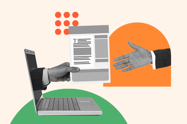 b2b newsletter examples: image shows a computer and a hand holding a resume 