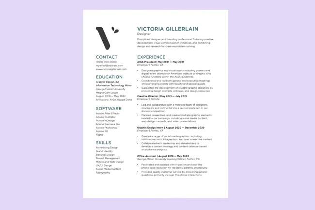 Victorial Gillerlain's resume; graphic design resume examples