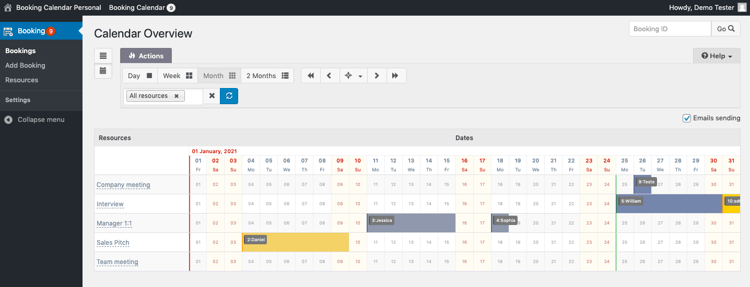 Visualização de compromissos no painel de controlo WordPress através do plugin Booking Calendar