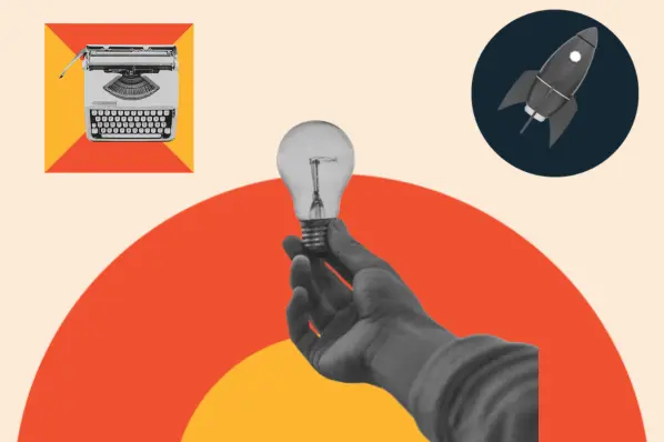 website project management: image shows a hand holding up a lightbulb, with a typewriter and a rocket nearby 