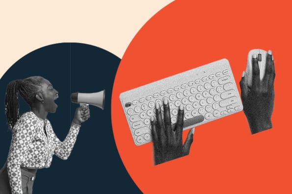 wordpress ai plugin: image shows a person holding a megaphone and a keyboard