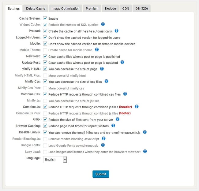 WP Fastest Cache plugin settings page