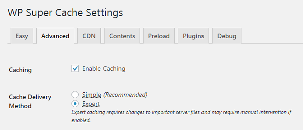 WP Supercache plugin settings page shows expert mode selected