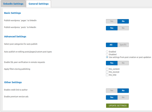 WP to LinkedIn Auto Publish settings page