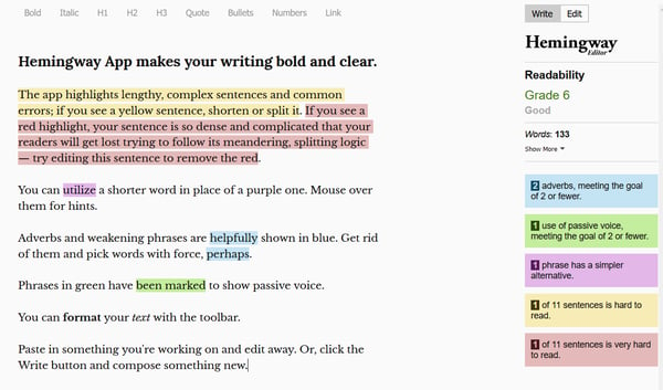Hemingway app showing writing advice.