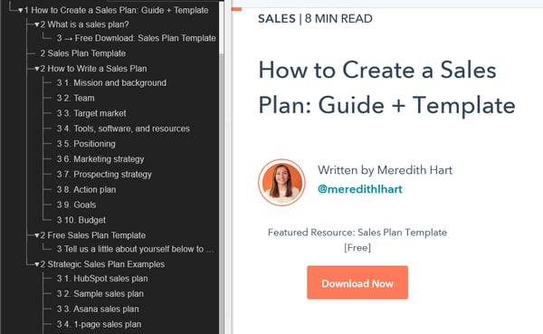 Une publication HubSpot sur un plan de vente avec une structure de titre claire.