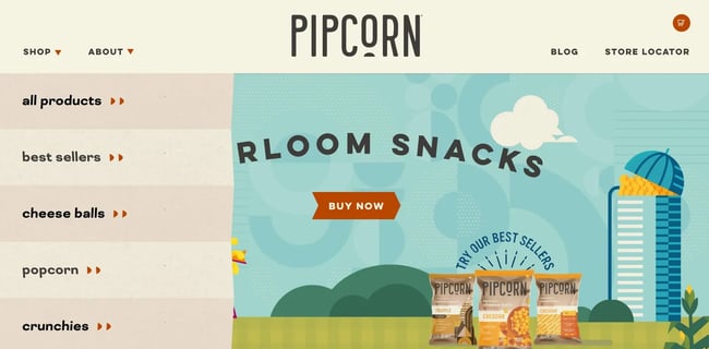 a dropdown navigation menu on Pipcorn's website