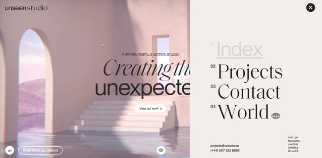 website navigation: unseen studio shows the menu and stairs in the background. 