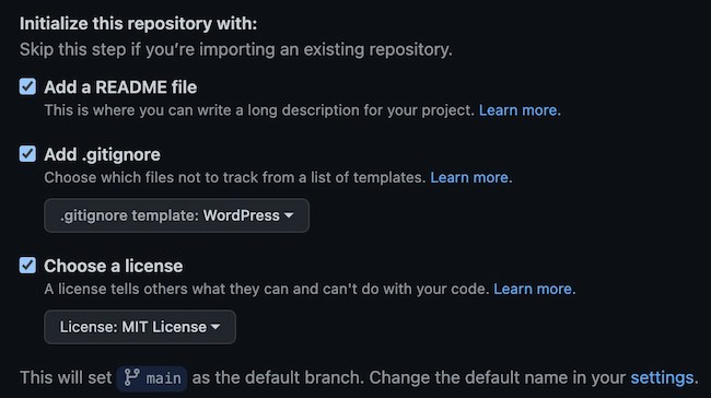 the repository setup option screen in github
