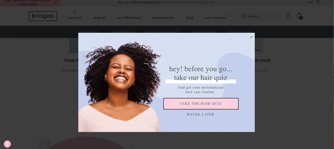 how to improve average time on site: Briogeo's exit intent popup encourages visitors to take quiz before leaving
