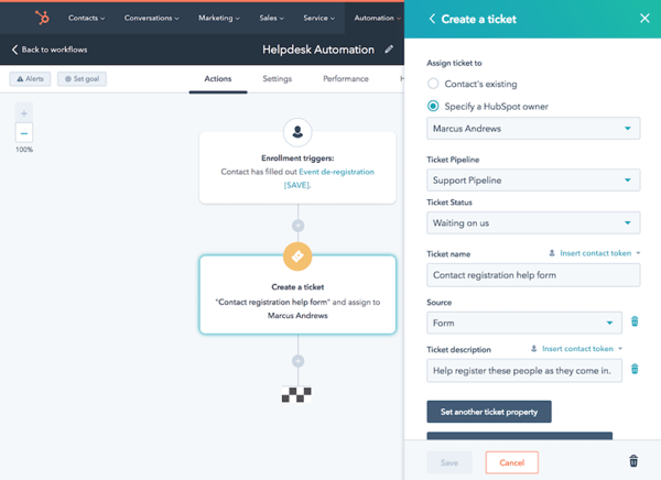 hubspot help desk automation for creating a ticket