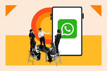 whatsapp marketing: image shows people sitting down near a phone with the whatsapp logo on the screen of the phone 