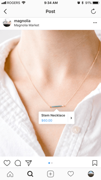 A necklace is shown in an Instagram Shoppable post