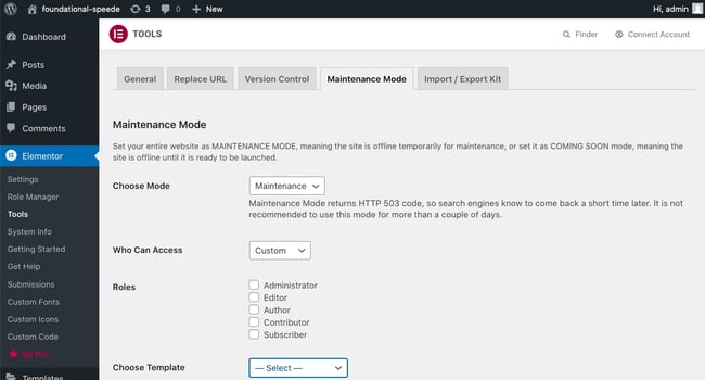 How to Create a Maintenance Mode Site With Elementor step 9: Set Mode and Who can access drop-down menus 