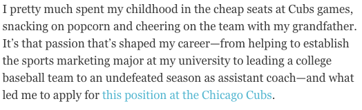 cover letter that explains "why" with a story about a childhood experience with the chicago cubs