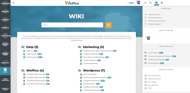 Wiki page within complete dashboard created with Woffice theme for WordPress