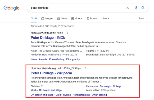 Wikipedia page is second result on Google SERP for keyword peter dinklage