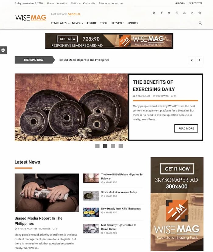 Wise Mag wordpress theme demo with advertising space
