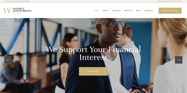 best accountant WordPress themes: Wizor's Investments & Business Consulting Insurance demo 