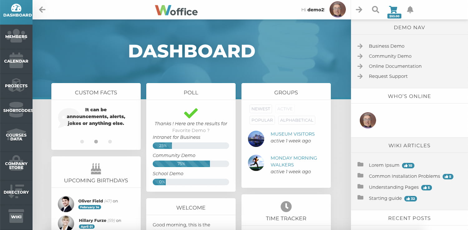 Woffice theme demo shows dashboard with polls, groups, projects, calendars and other key features of a BuddyPress site