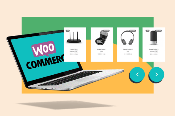 woocommerce product slider plugins: image shows a laptop that says 'woocommerce' and images of items on sale on a website 