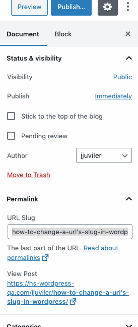 Changing URL slug in WordPress Gutenberg editor