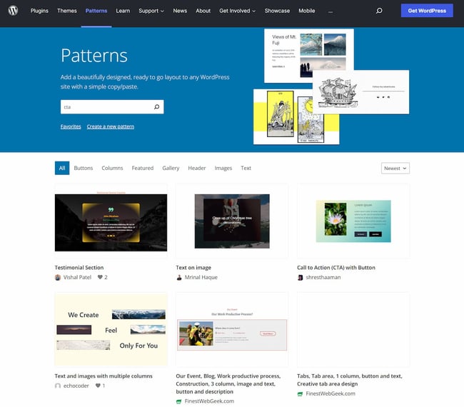 WordPress block pattern library homepage