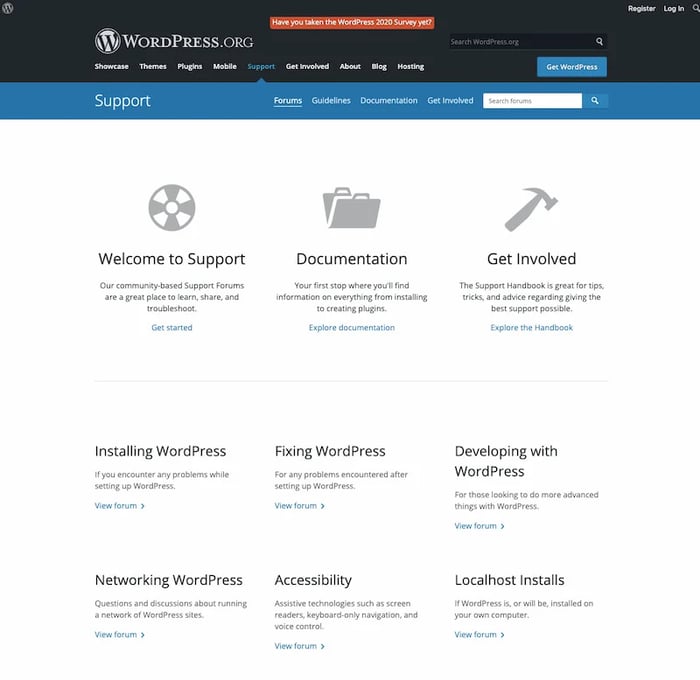 WordPress support forum homepage