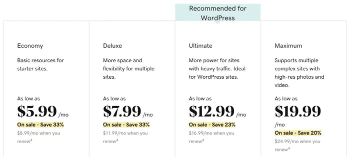 GoDaddy hosting plans pricing page
