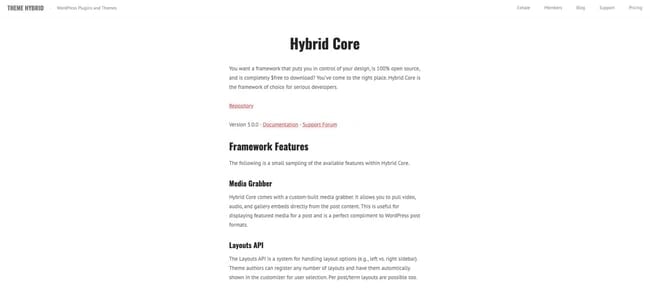 product page for the wordpress theme framework hybrid core