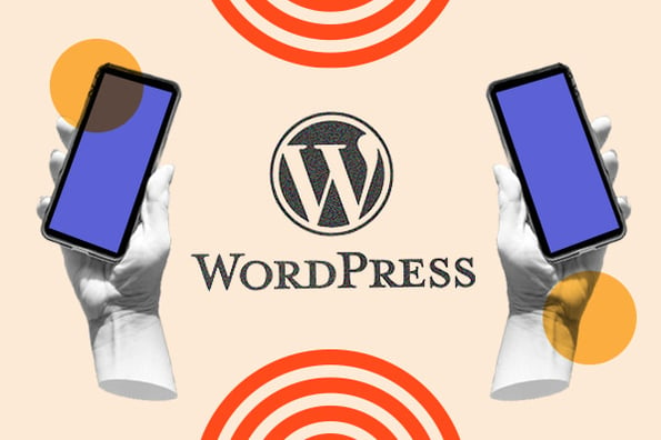 mobile friendly wordpress themes: image shows hands holding phones and the word 'wordpress' in the center 