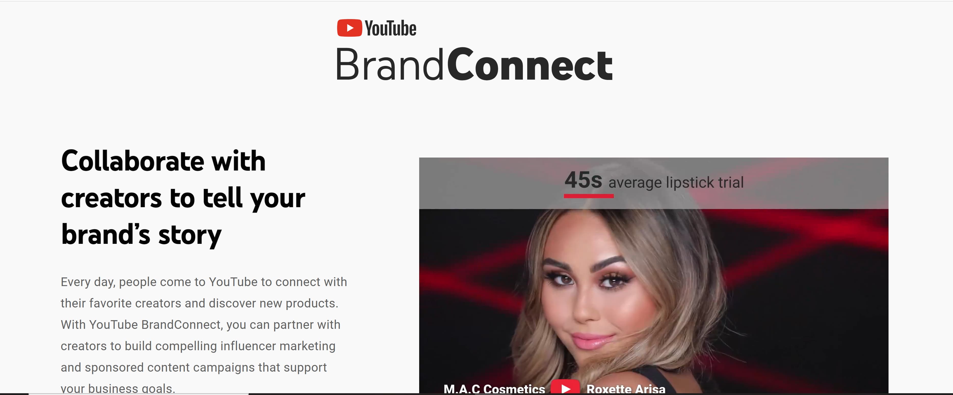 Screenshot of YouTube BrandConnect; influencer marketing channels 