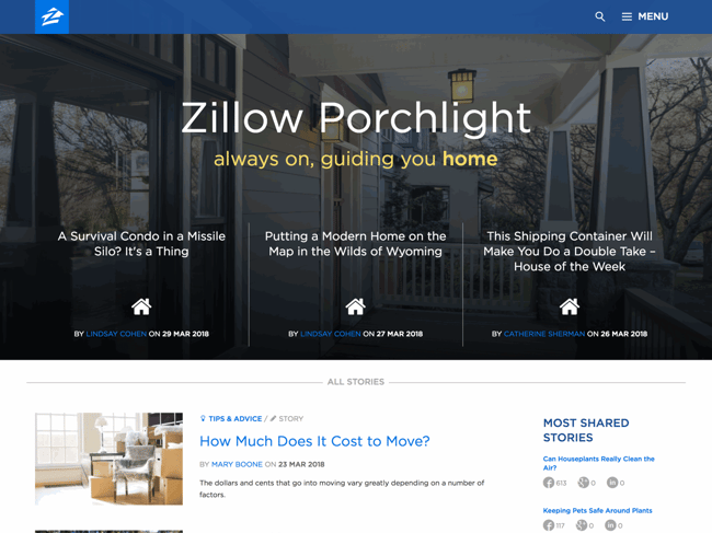 WordPress Starter Themes: Zillow Porchlight website from Sage showcase