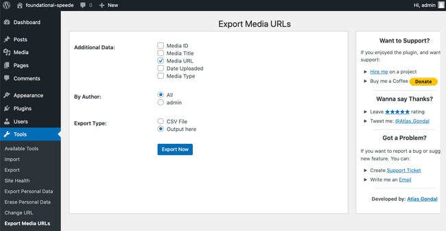 _Export Media URLs plugin page under Tools tab of WordPress dashboard