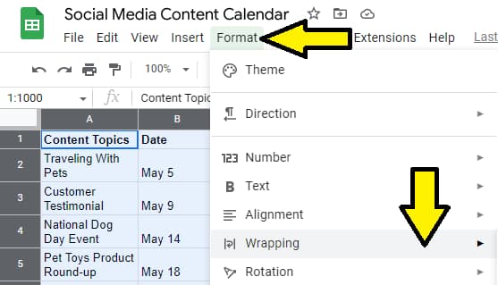 How to wrap text in Google Sheets from the format menu, arrows pointing to the format option on the menu bar and to the wrapping option on the drop-down menu