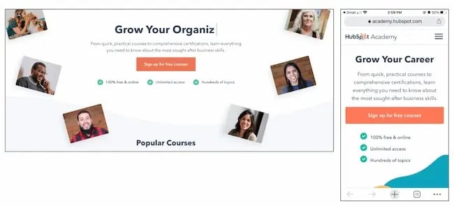 A/B testing examples: HubSpot Academy's Homepage Hero