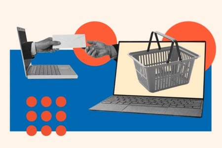 Abandoned cart email graphic with a laptop handing off an envelop to signify email and a shopping basket for online shopping carts.
