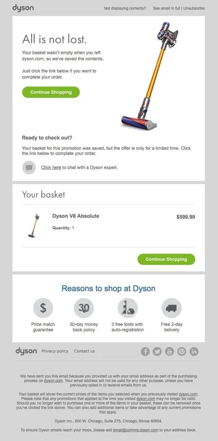 Dyson superb abandoned cart email example.