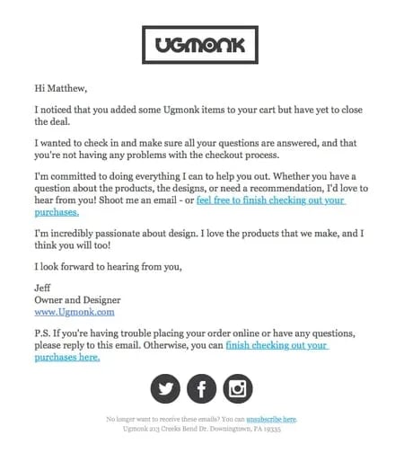 Ugmonk abandoned cart email focuses on personalization.