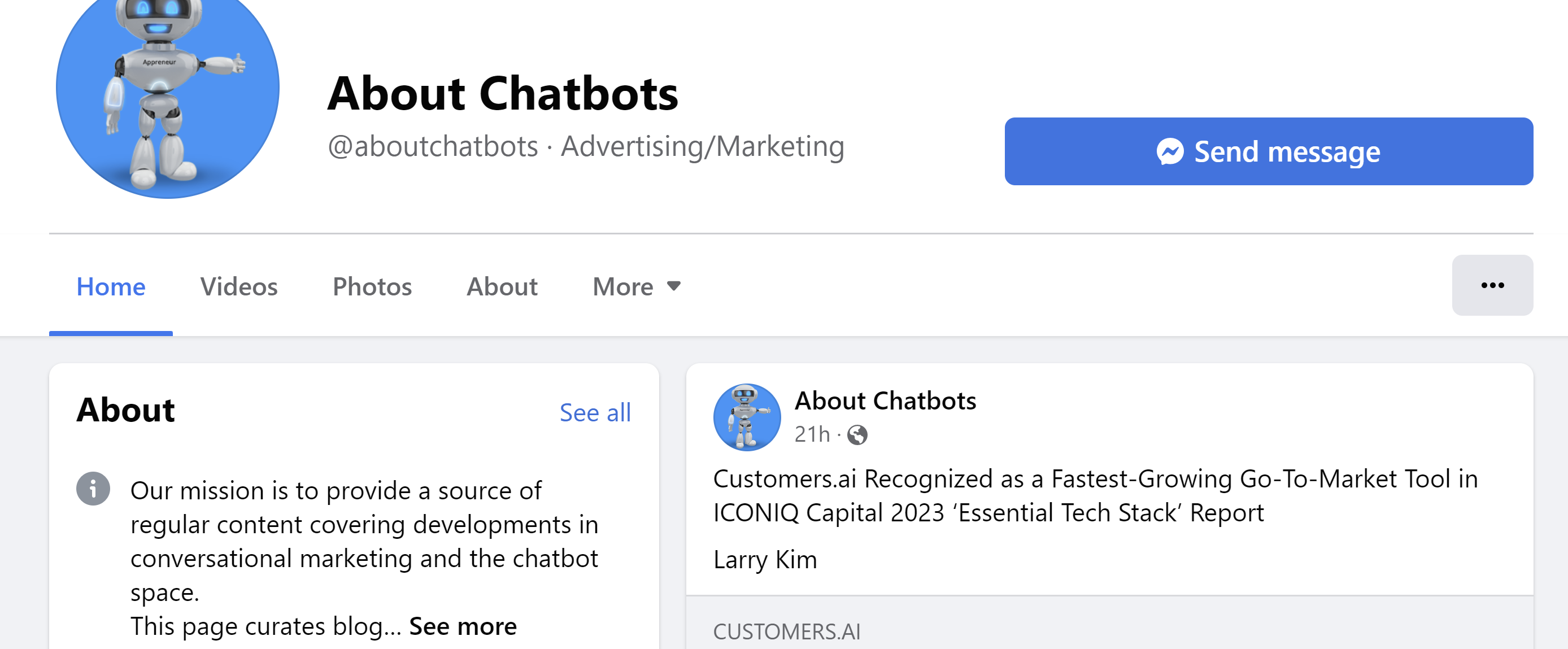 Screenshot of AboutChatbots, a bot available in Facebook Messenger