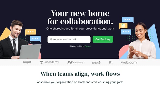 Above the fold website example from Flock