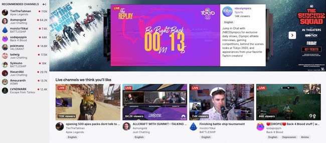 Above the fold website example from Twitch.tv